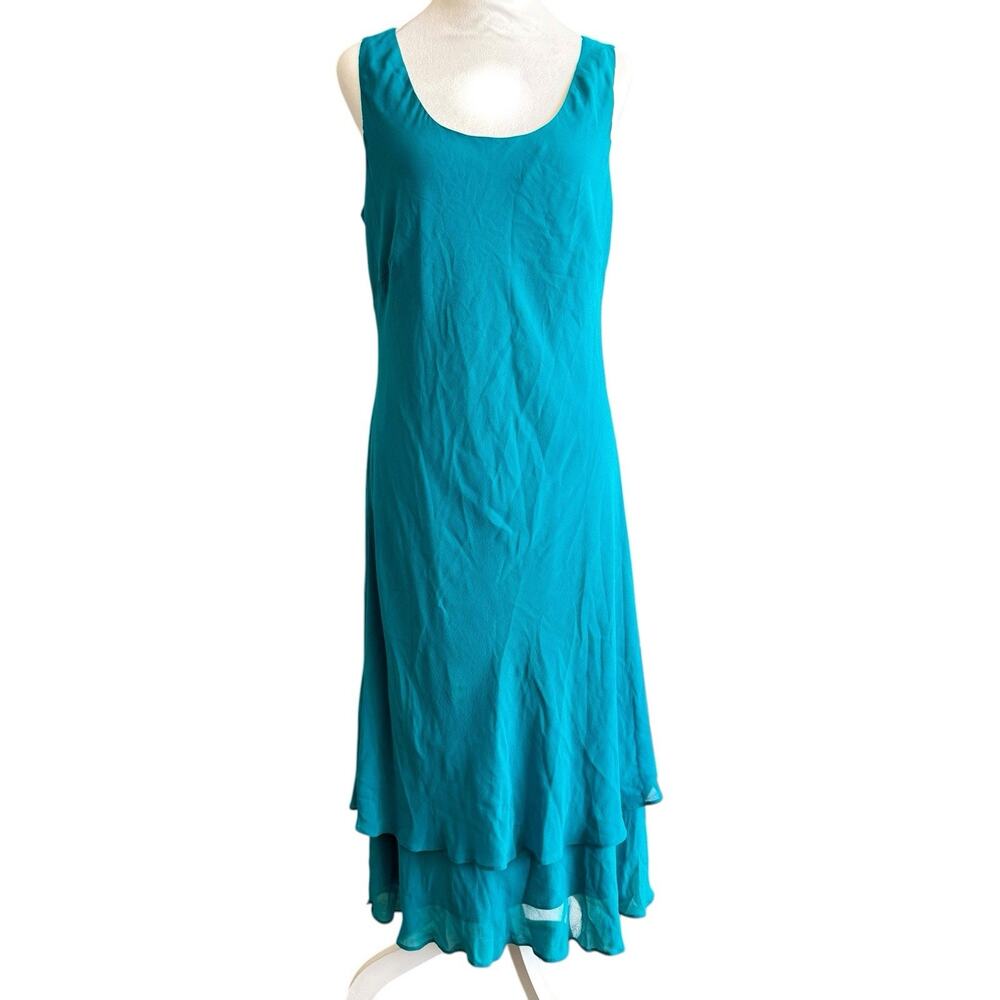 Simply Silk Vintage XL Turquoise Tiered Ruffle Midi Dress 100% Silk
